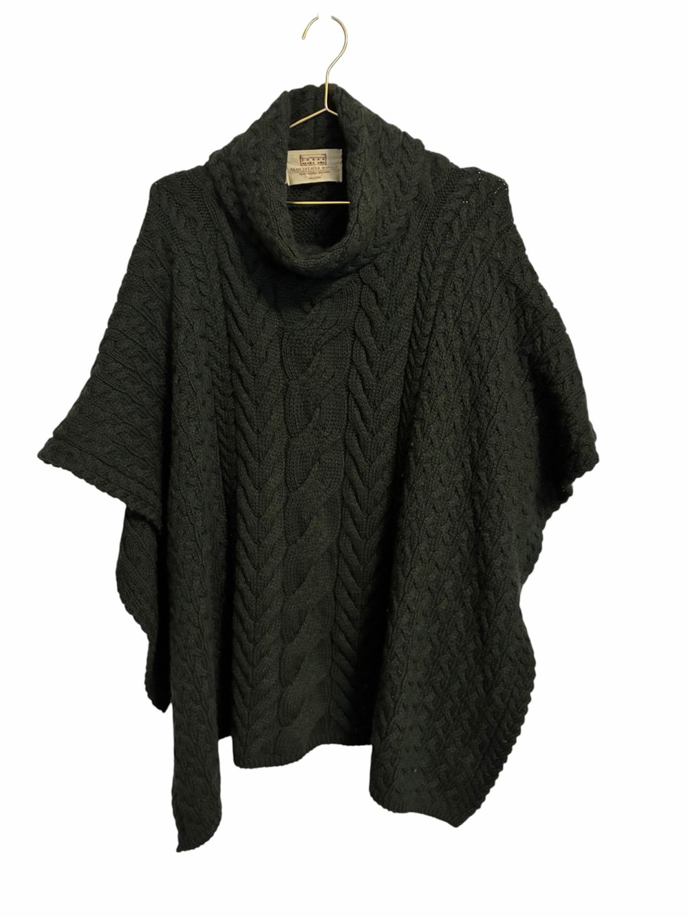 Aran Sweater Market Merino Wool Cable Knit Cowl Neck Poncho Green Ireland